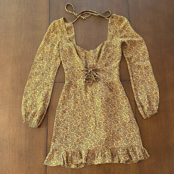 (SOLD) Reformation Floral Brown / Gold Long sleeve mini dress (US 2) - Picture 4 of 9